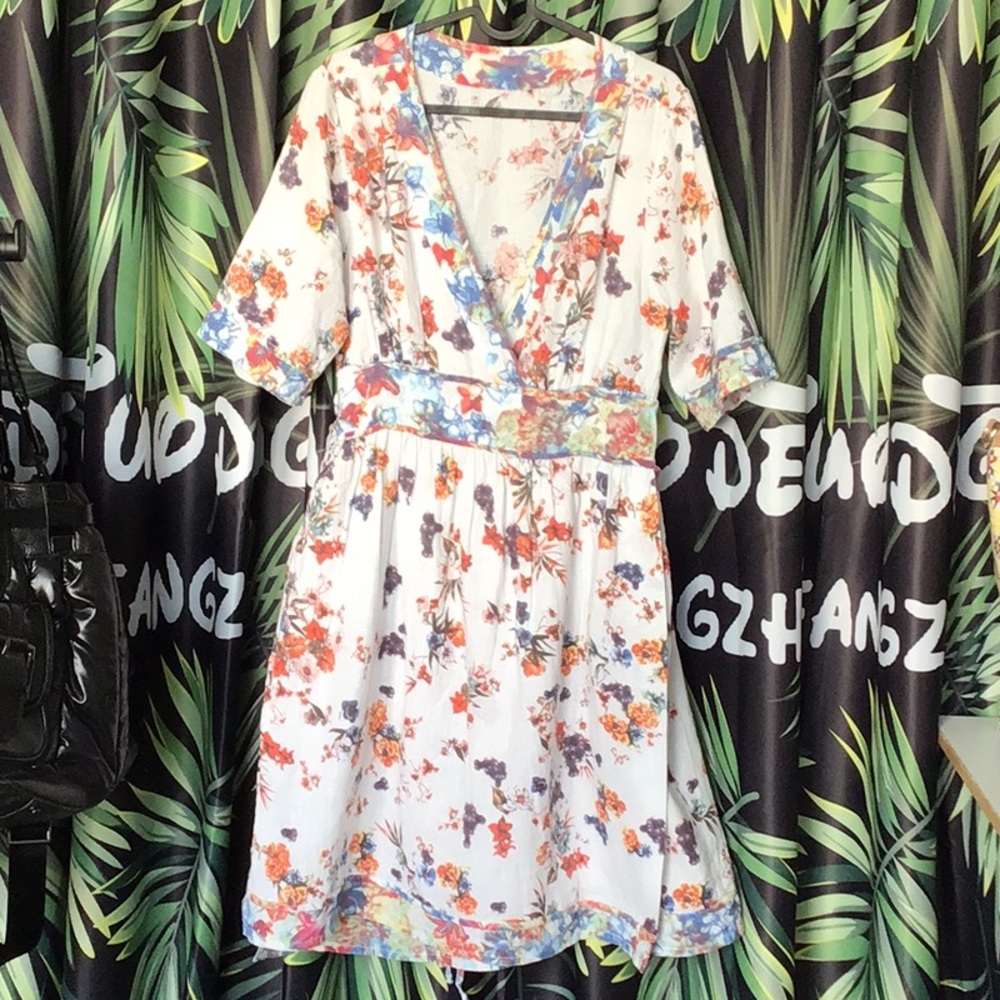 Linen Floral White Dress